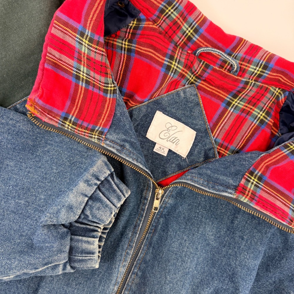 Vintage Elan Women's Chore Coat 4X Denim Jacket Plaid Lined Green Red Flannel